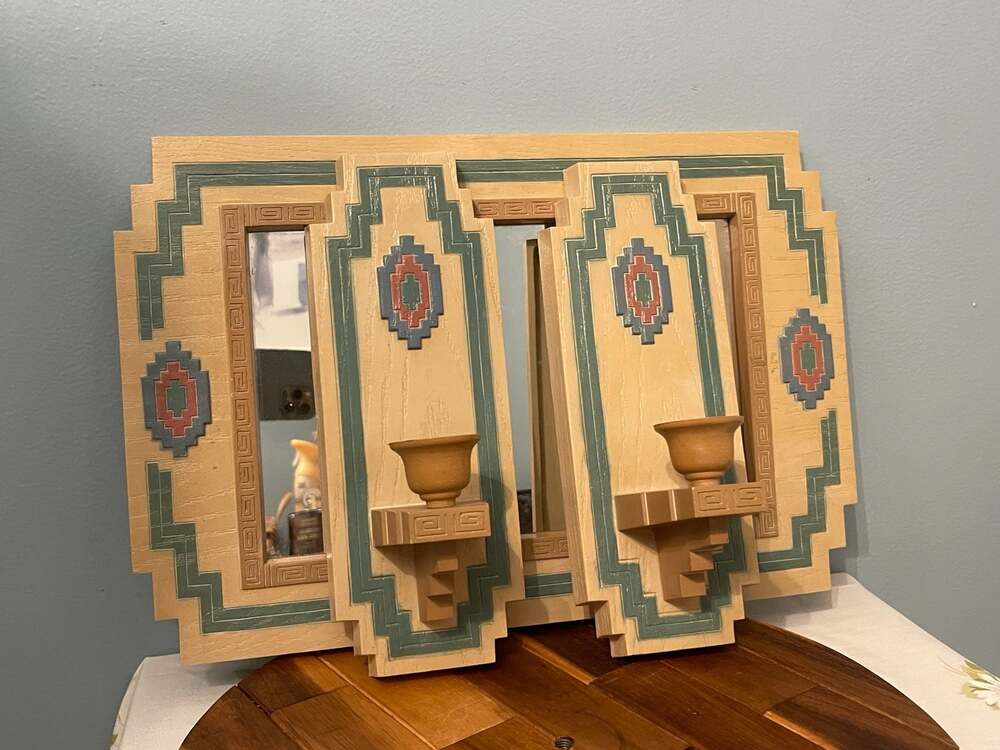 Vintage Southwestern Aztec Geometric Mirror with Candle Sconces
